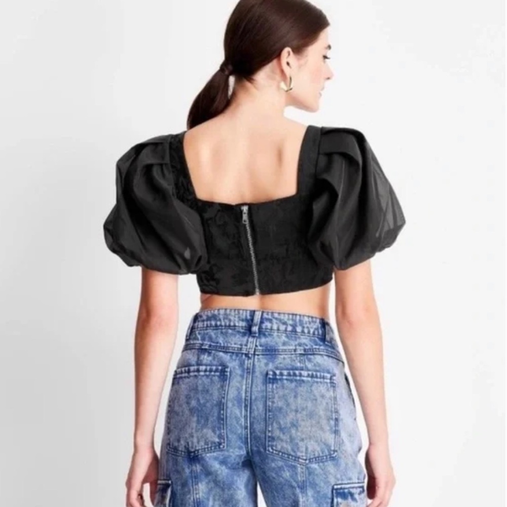 Future Collective Black Cropped Puff Sleeve Sqaure Neck Top